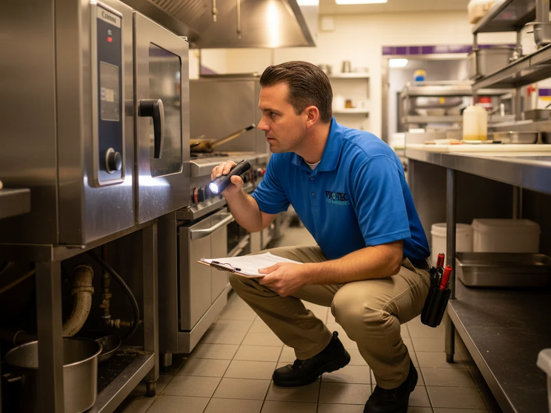 restaurant pest control baton rouge technician inspecting commercial kitchen pro-tec pest management
