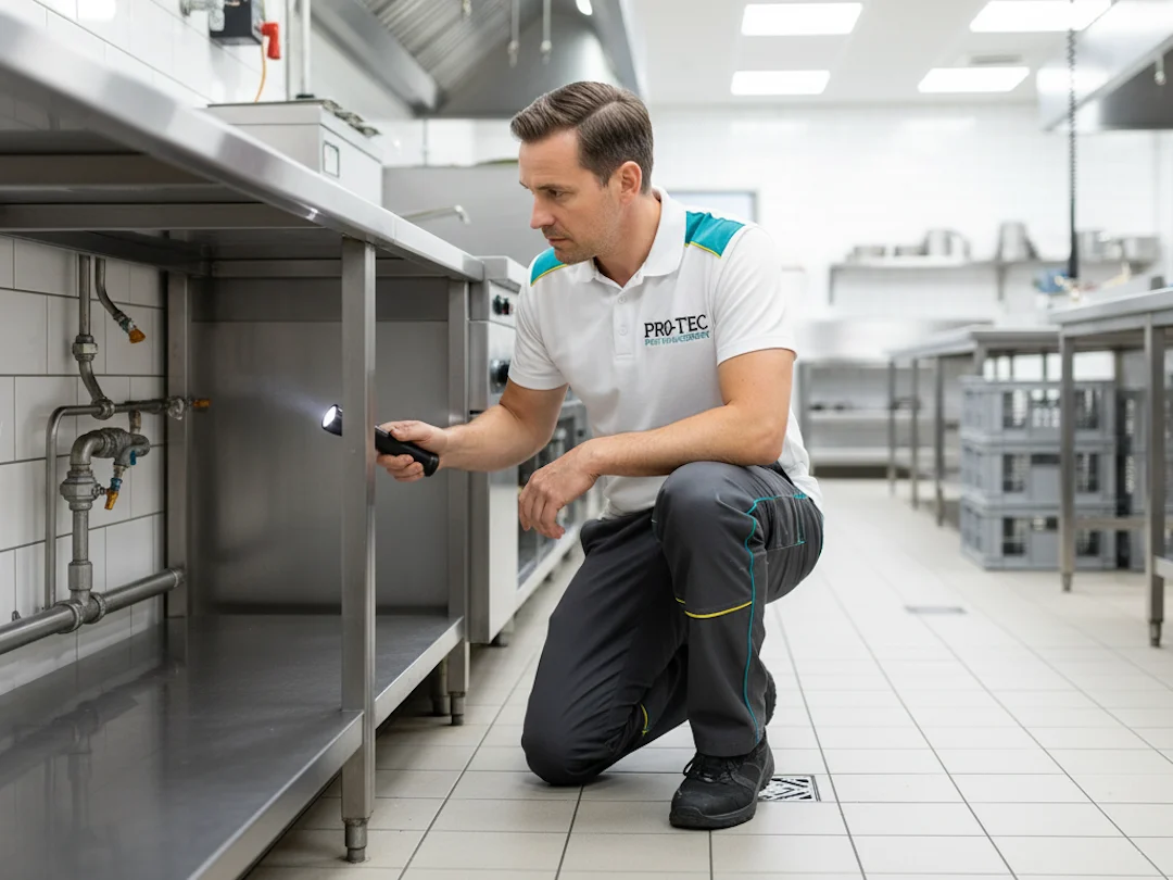 restaurant pest control technician inspecting commercial kitchen pro-tec pest management