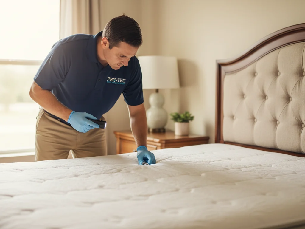 technician inspecting bedroom bed bug control baton rouge pro tec
