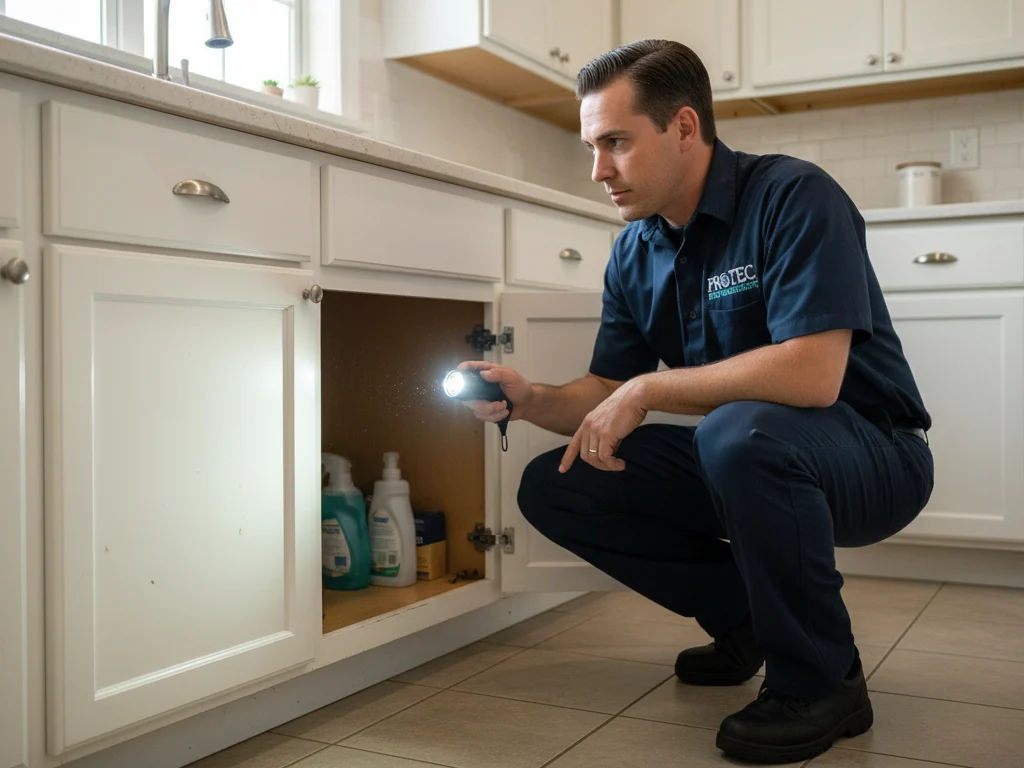 technician inspecting kitchen roach control baton rouge pro tec