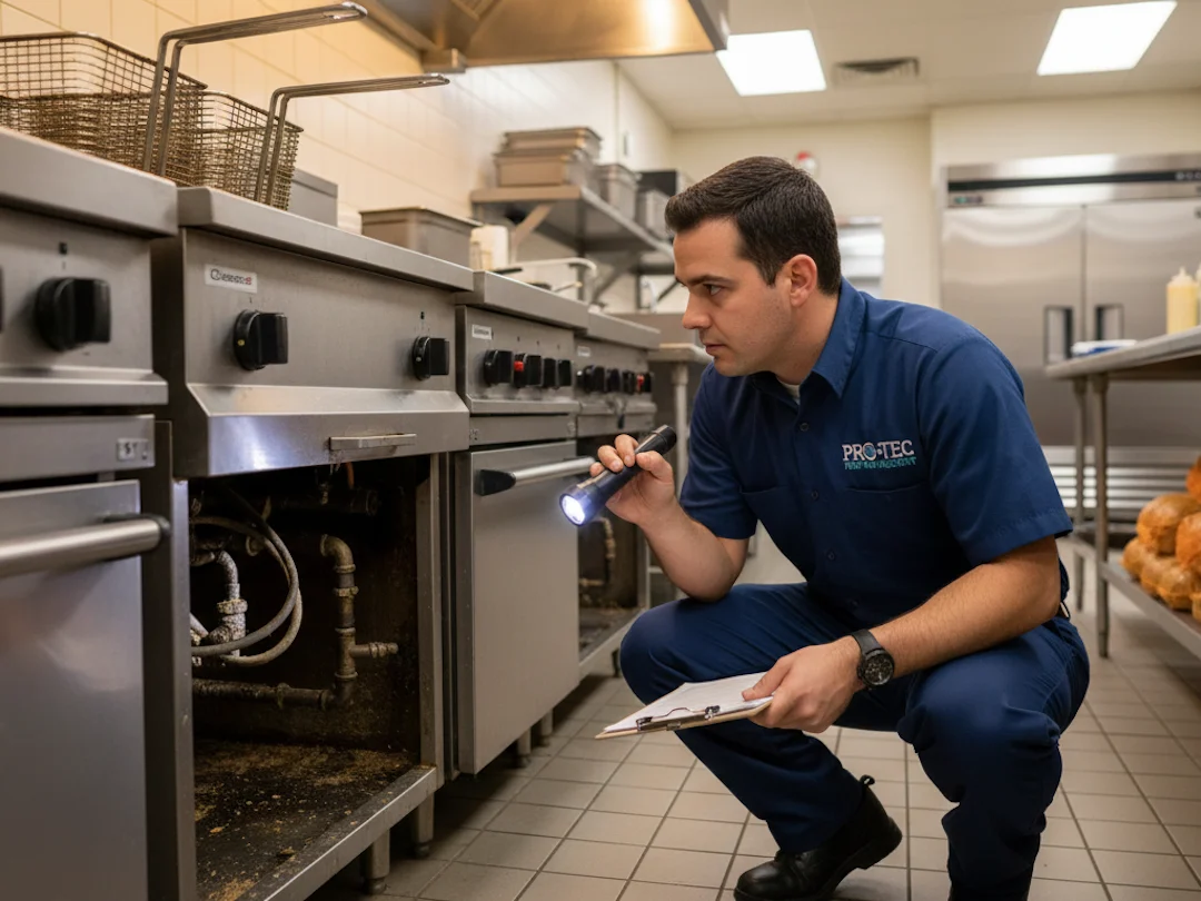 technician inspecting restaurant kitchen meridian pro-tec