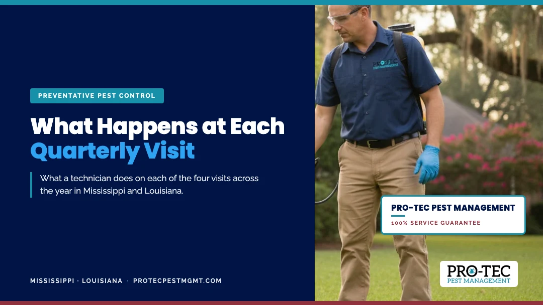 what happens at each quarterly pest control visit Pro-Tec technician applying preventative pest control around a home exterior