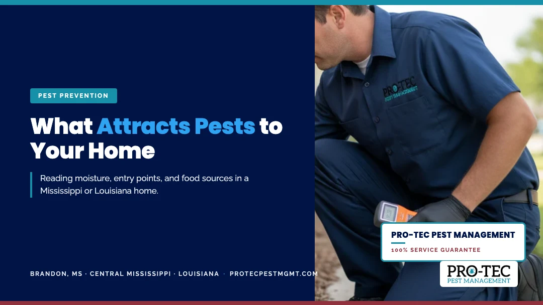 Pro-Tec technician inspecting a home slab for the moisture, entry point, and food conditions that attract pests
