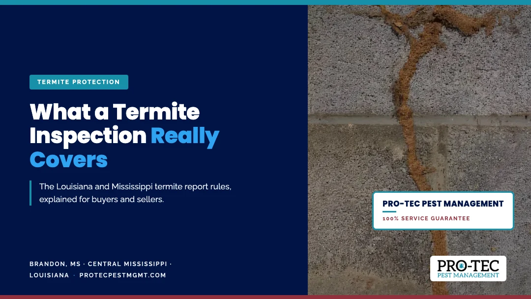 What a Termite Inspection Really Covers What a termite inspection really covers: Pro-Tec Pest Management guide to Louisiana and Mississippi termite reports, with termite mud tubes on a block foundation