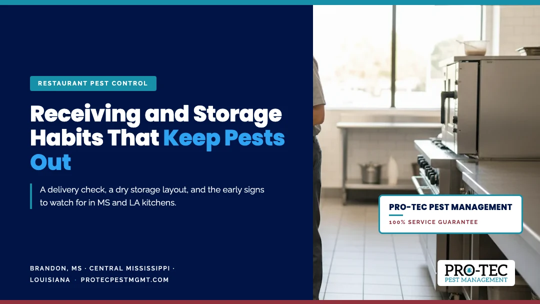 restaurant receiving storage pest exclusion Receiving and storage habits that keep pests out: Pro-Tec Pest Management guide for Mississippi and Louisiana restaurant kitchens